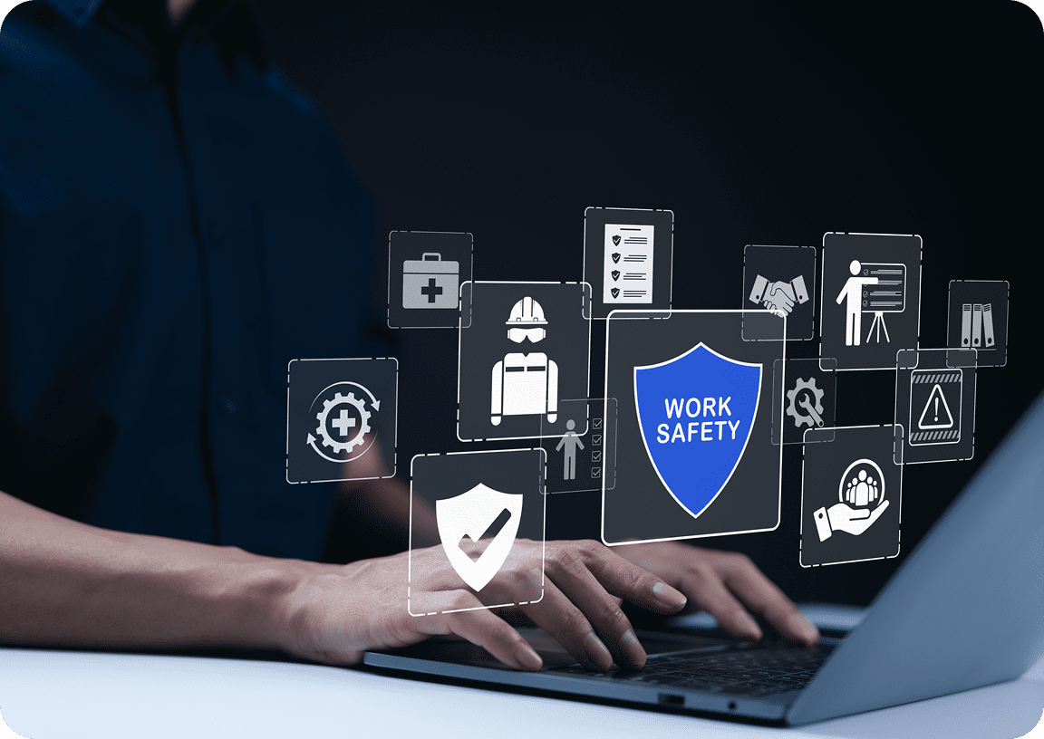 Work safety icons above laptop
