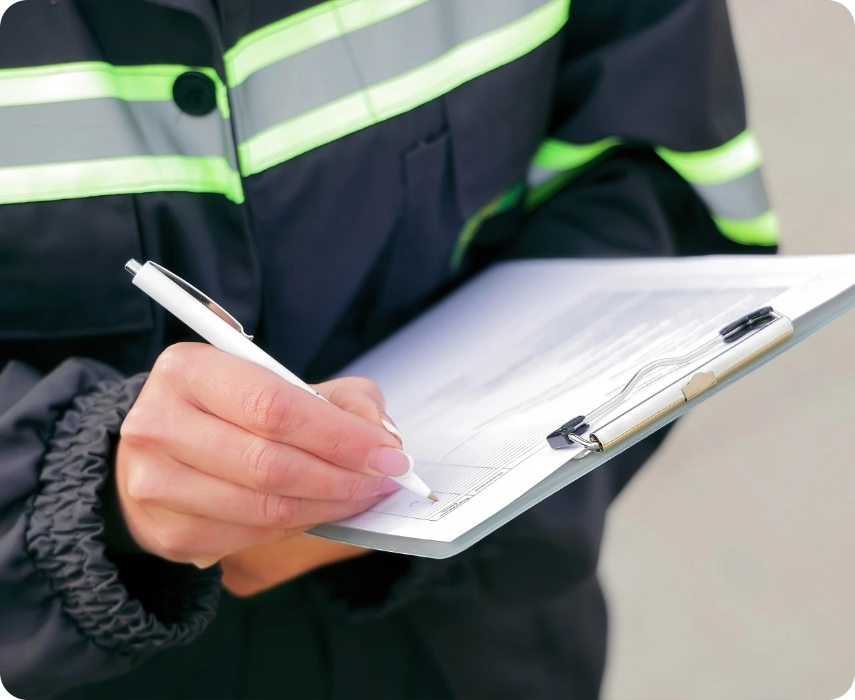 Individual in uniform holding clipboard