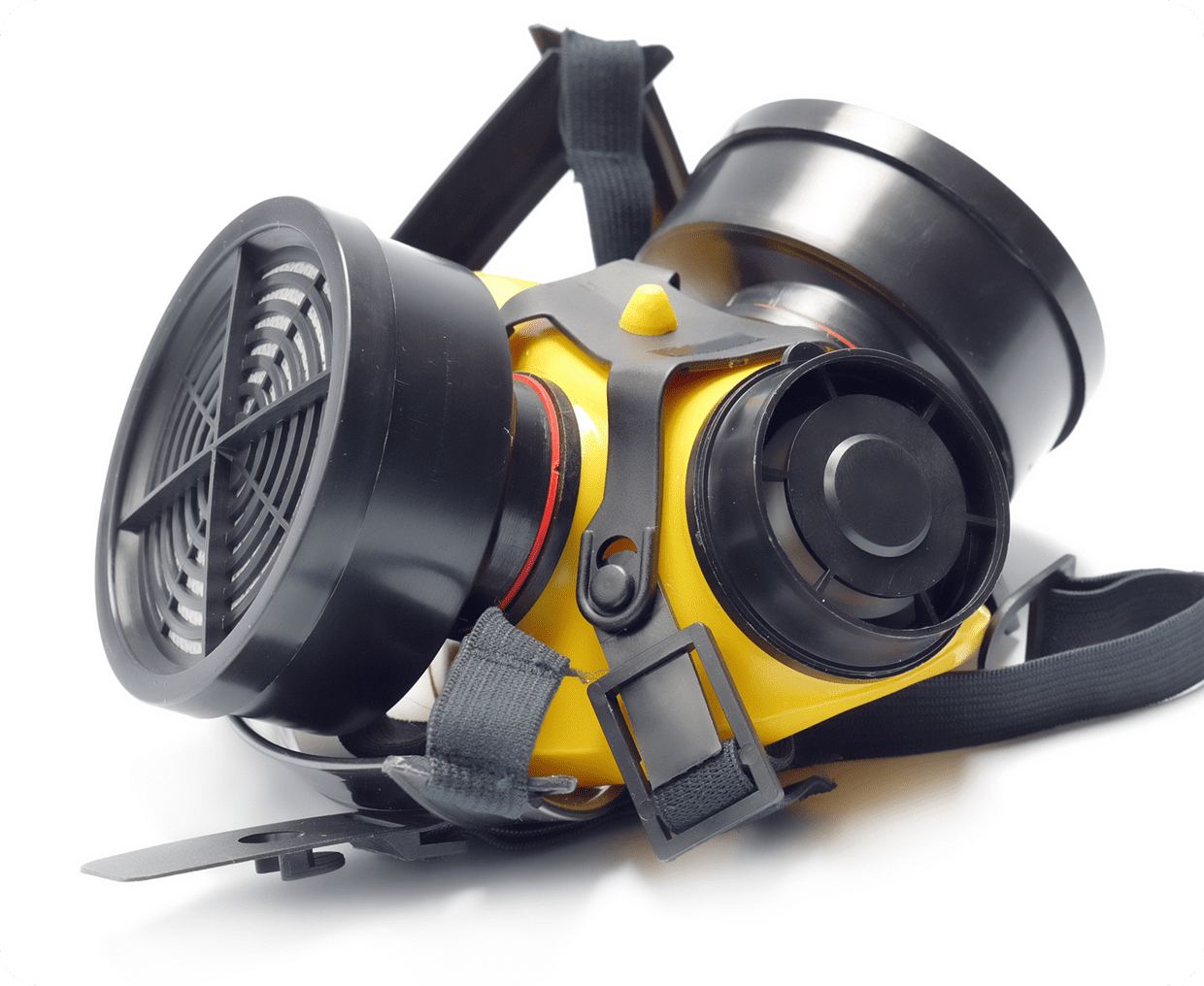 Yellow and black gas mask on white