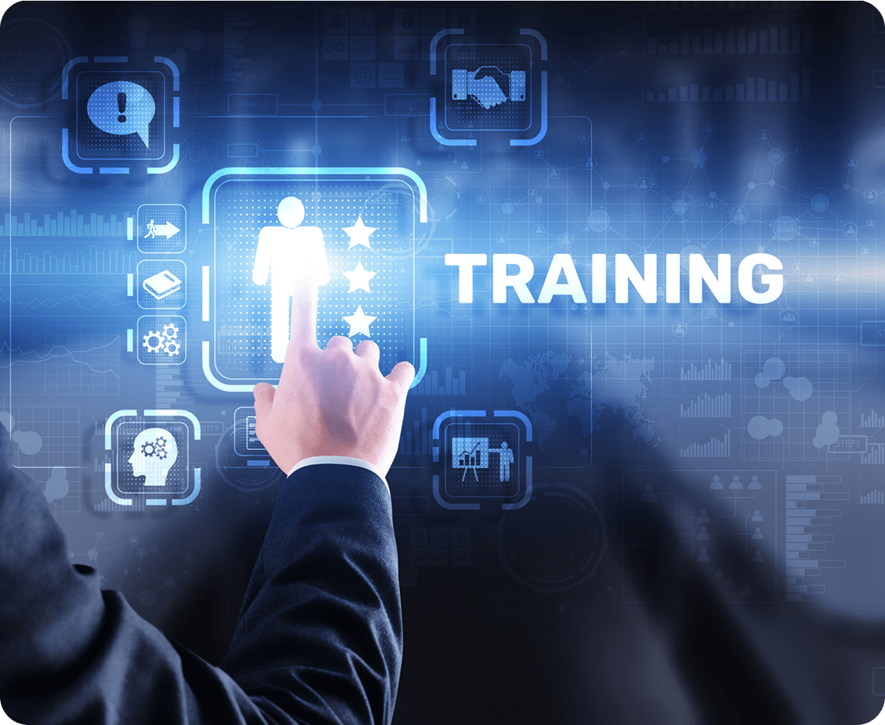 Hand pointing at virtual training interface.